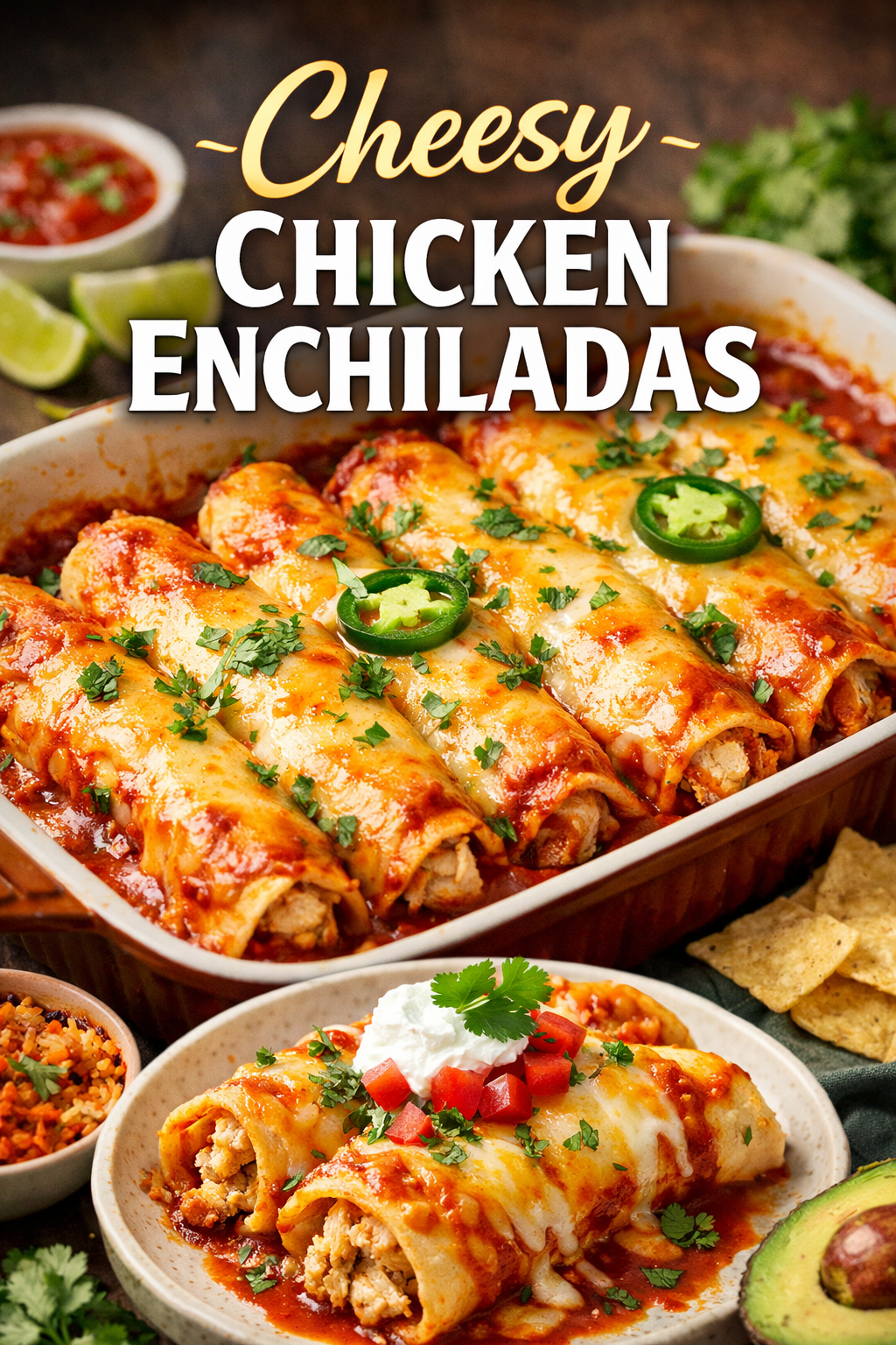 Cheesy chicken enchiladas baked with melted cheese in a dish, topped with sour cream and fresh cilantro