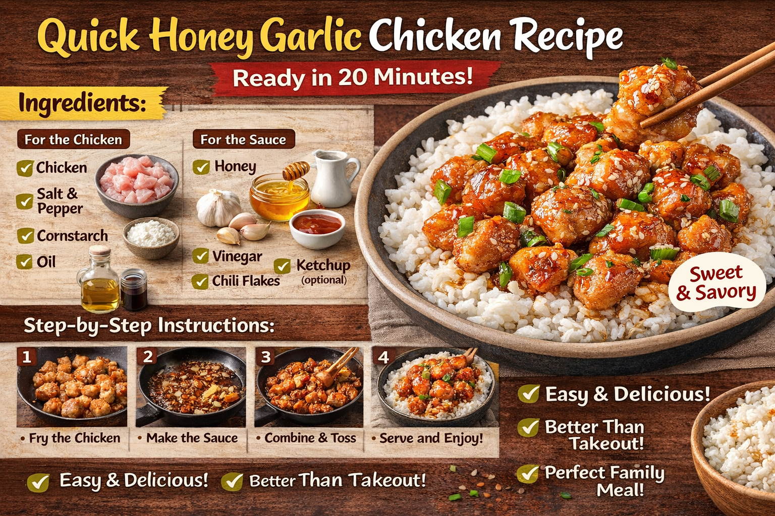 quick honey garlic chicken recipe, juicy chicken with garlic and honey sauce