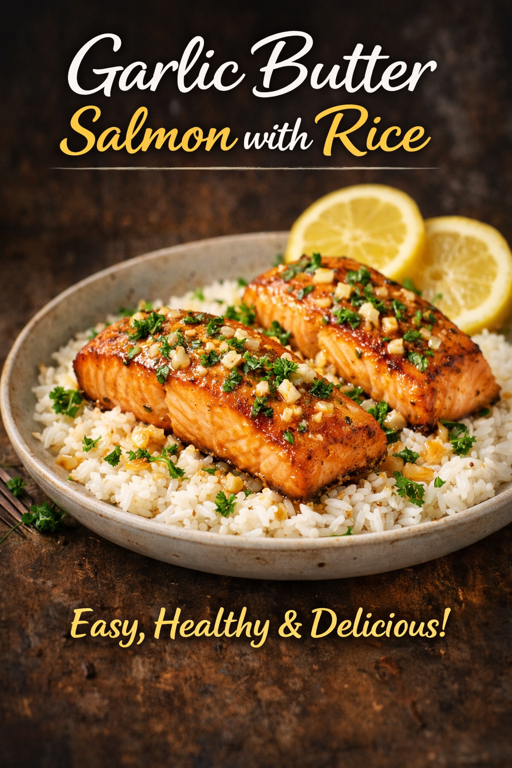 Garlic butter salmon with rice served with lemon and parsley, healthy homemade meal