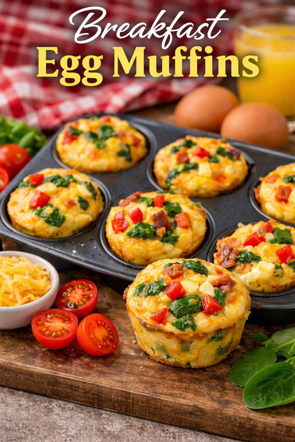 Healthy breakfast egg muffins with vegetables and cheese baked in muffin tin