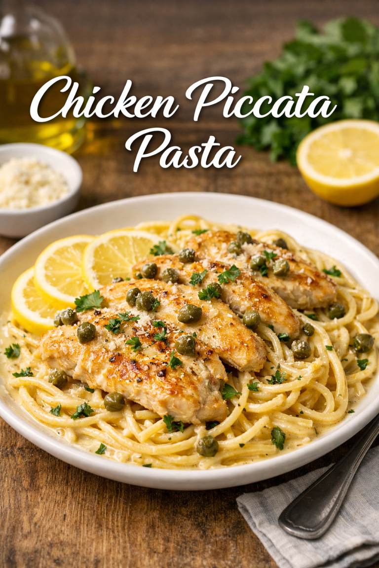 chicken piccata pasta with creamy lemon sauce, grilled chicken, capers, and parmesan cheese