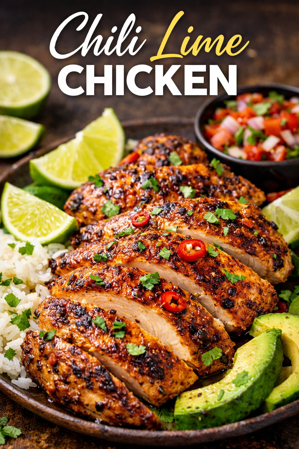 Chili lime chicken served with rice, avocado, fresh cilantro, and lime wedges in a vibrant plated dish