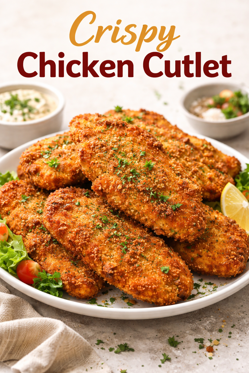 Crispy chicken cutlet served on a plate with golden crunchy coating and fresh garnish