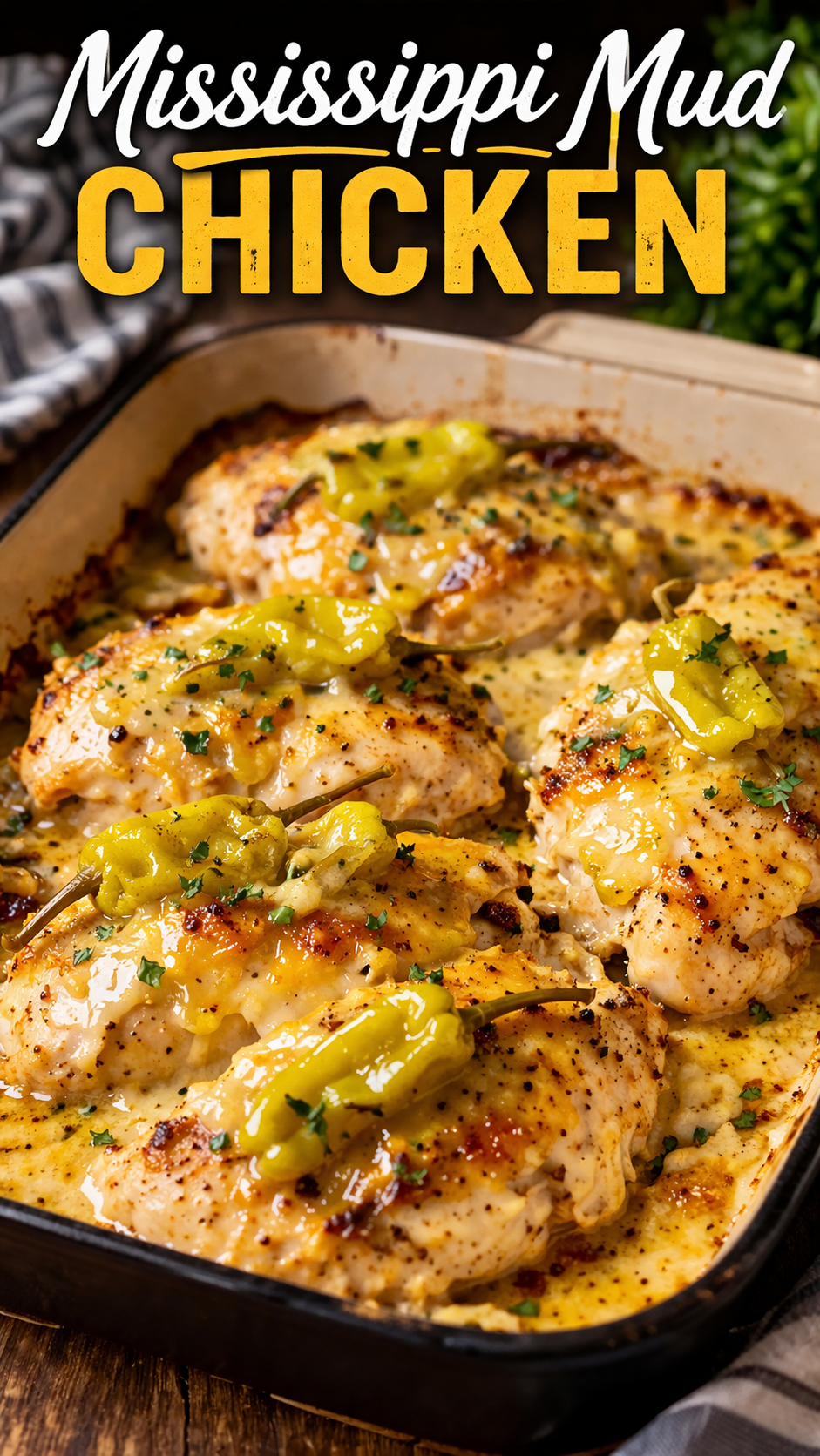 Mississippi Mud Chicken baked with melted cheese, creamy sauce, and pepperoncini peppers in a casserole dish