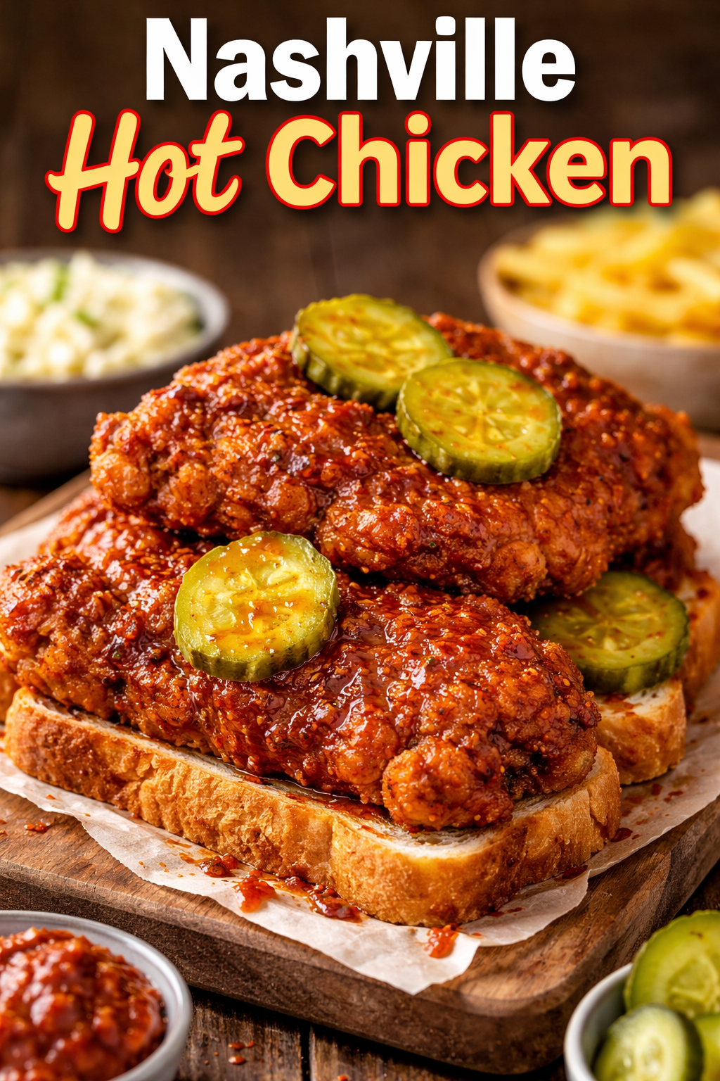 Crispy Nashville hot chicken served on white bread with pickles, coated in spicy red sauce