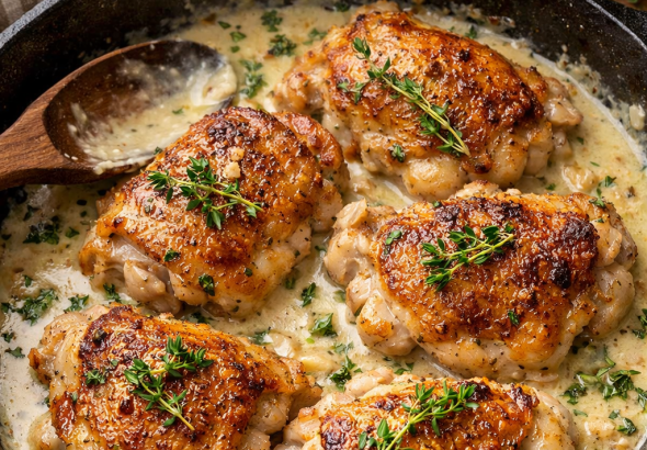 skillet creamy garlic chicken thighs with thyme in a pan with rich garlic sauce
