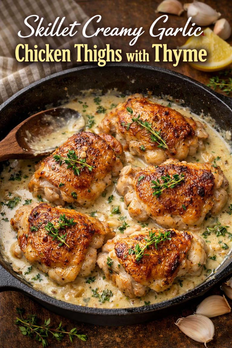 skillet creamy garlic chicken thighs with thyme in a pan with rich garlic sauce