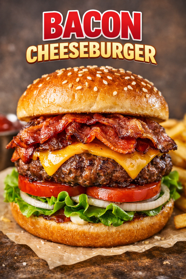 Juicy bacon cheeseburger with crispy bacon, melted cheddar cheese, fresh lettuce, tomato, and sesame bun close-up