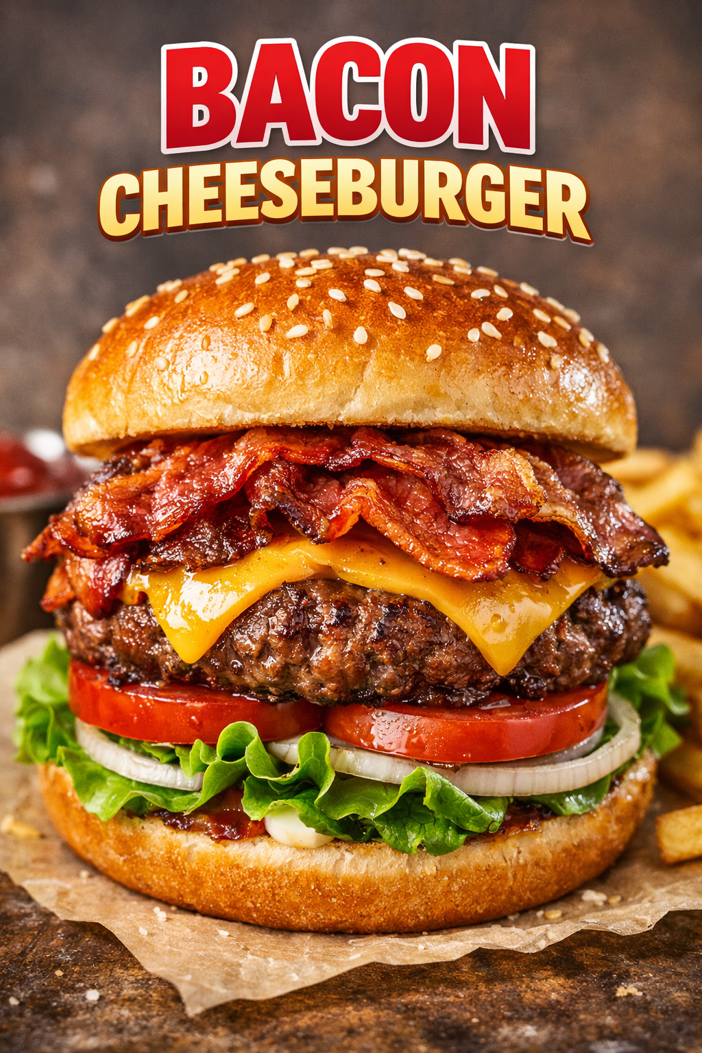 Juicy bacon cheeseburger with crispy bacon, melted cheddar cheese, fresh lettuce, tomato, and sesame bun close-up