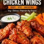 Crispy homemade Buffalo Chicken Wings served with ranch dip, celery sticks, and carrot sticks on a wooden platter.