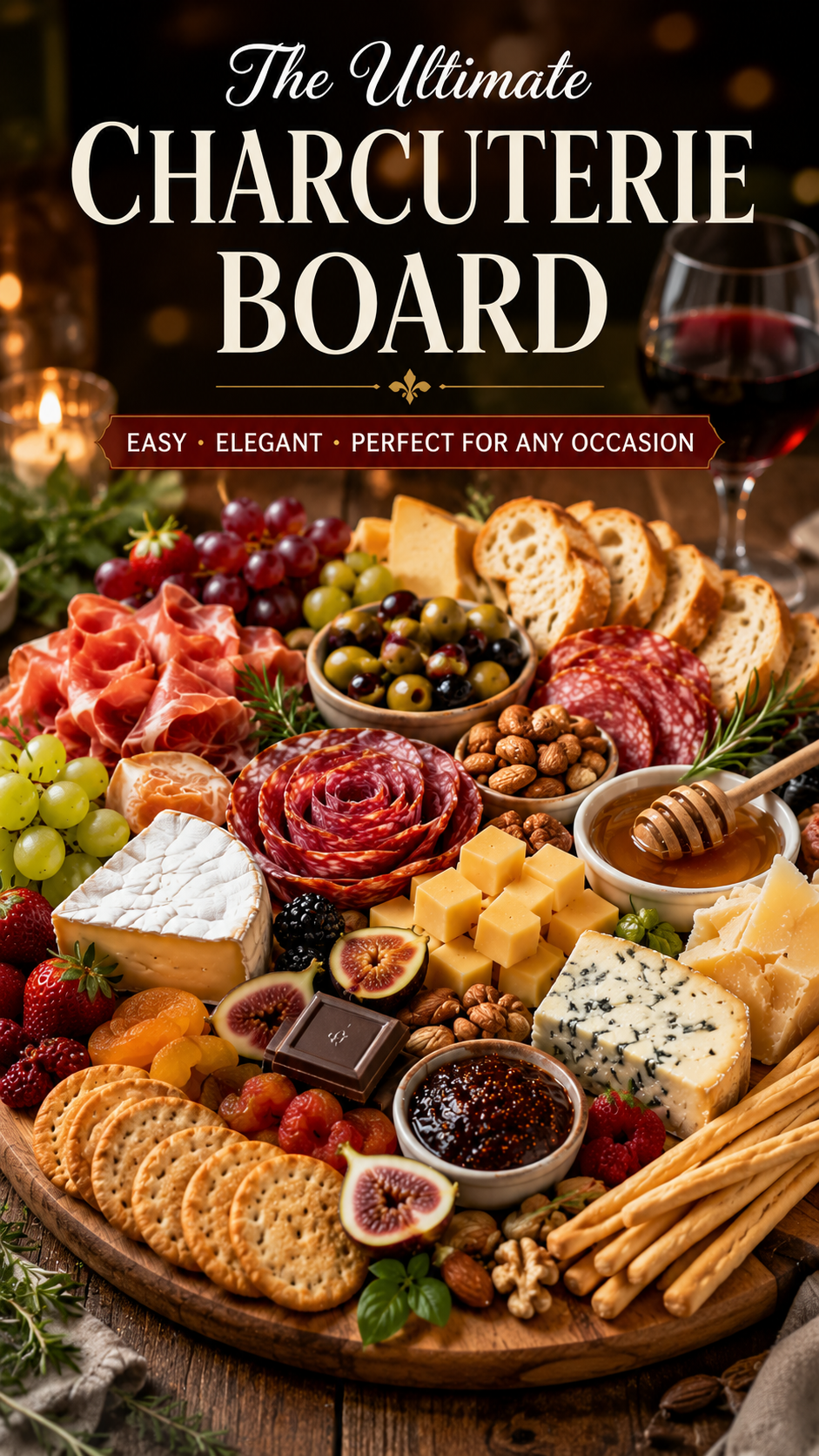 Elegant Charcuterie Board featured image with assorted cheeses, cured meats, fresh fruits, crackers, nuts, honey, and herbs arranged beautifully on a wooden board for entertaining and party gatherings.