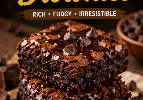 Ultimate Chocolate Brownies featured image showing stacked fudgy homemade brownies with a shiny crackly top, chocolate drizzle, and rich dark chocolate
