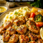 Garlic Butter Chicken Bites served on a plate with creamy mashed potatoes, roasted vegetables, and lemon wedges, garnished with fresh parsley.