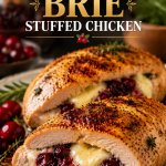 Impressive Cranberry Brie Stuffed Chicken stuffed with creamy Brie cheese and cranberry sauce, beautifully plated for a gourmet holiday dinner.