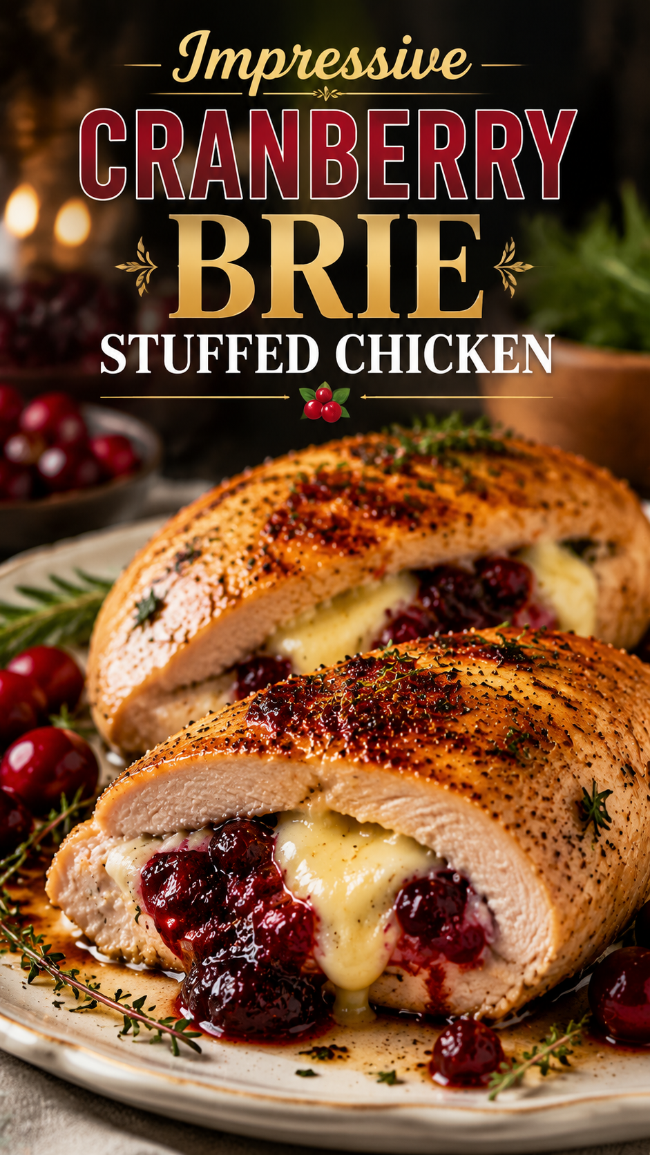 Impressive Cranberry Brie Stuffed Chicken stuffed with creamy Brie cheese and cranberry sauce, beautifully plated for a gourmet holiday dinner.