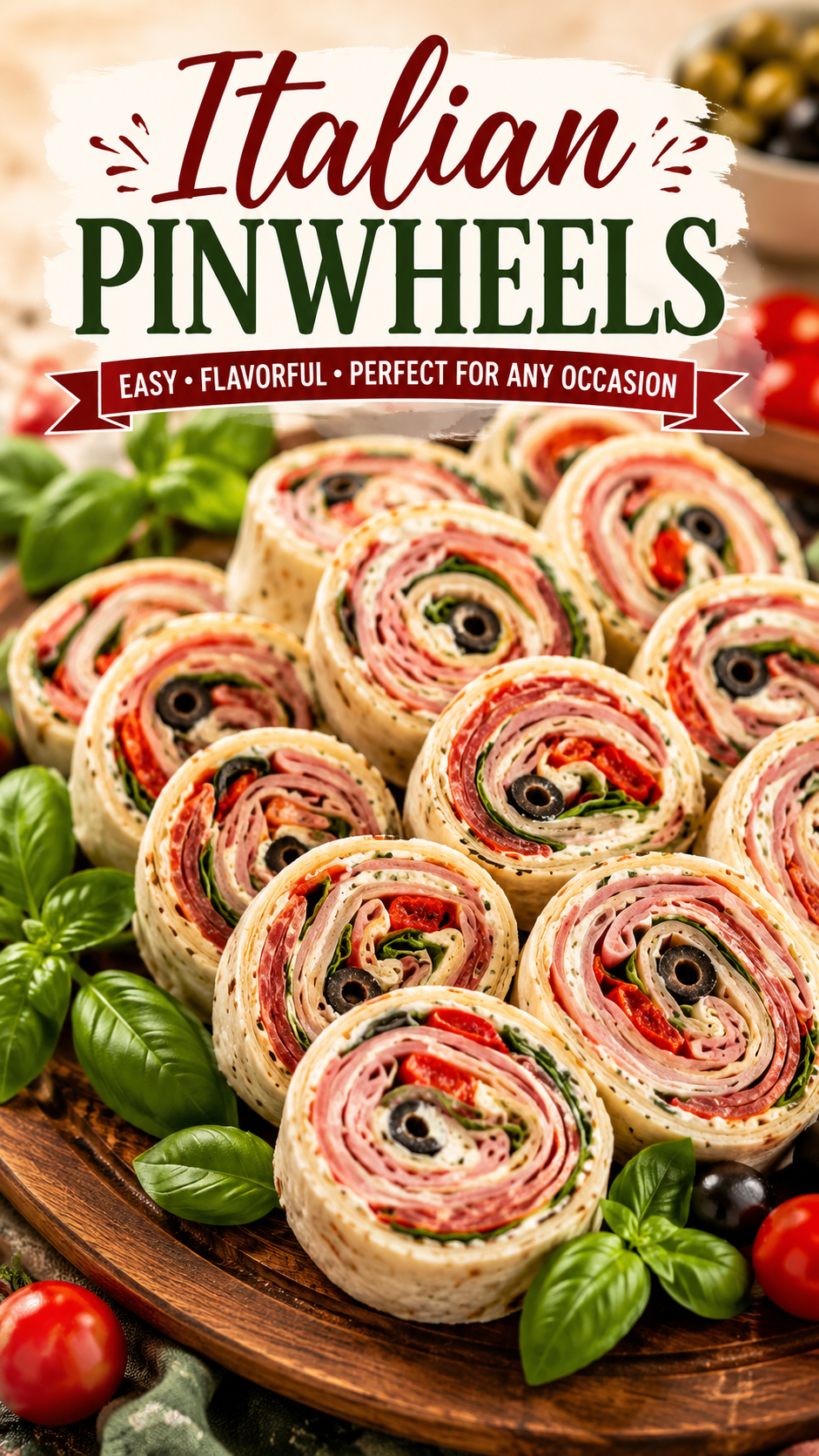 Italian Pinwheels served on a wooden platter with fresh basil, olives, and cherry tomatoes, easy make-ahead Italian party appetizer.