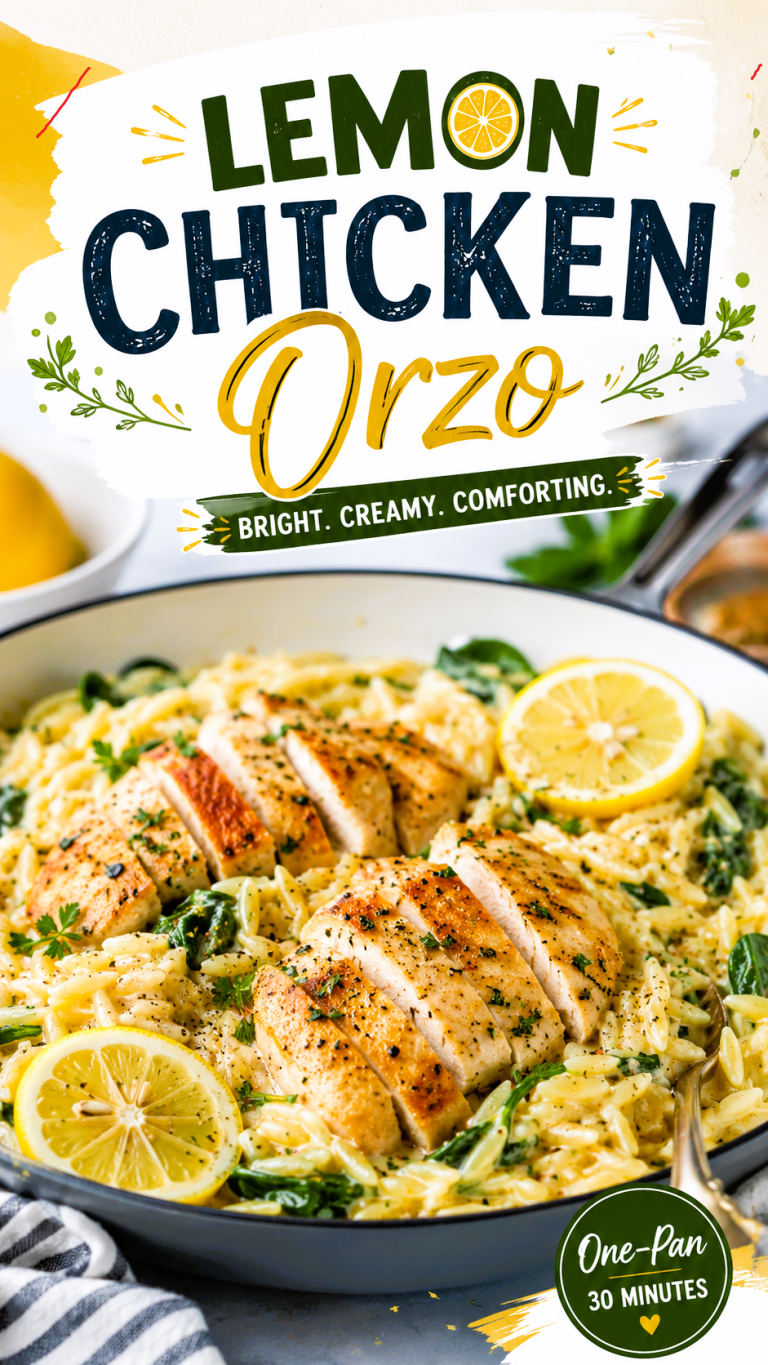 Creamy Lemon Chicken Orzo served in a skillet with sliced grilled chicken breast, fresh lemon slices, spinach, and Parmesan cheese, topped with a bold Lemon Chicken Orzo recipe title.