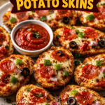 Mini Pizza Potato Skins served with melted mozzarella cheese, pepperoni, black olives, green peppers, and pizza sauce on a white plate.