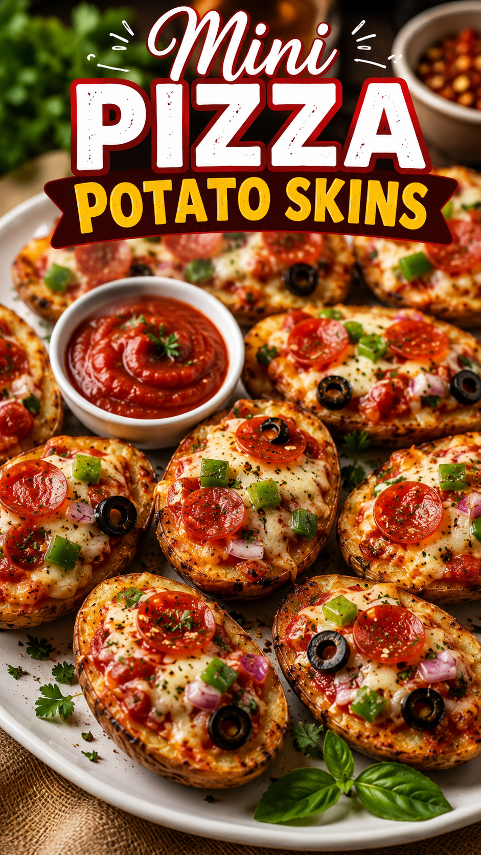 Mini Pizza Potato Skins served with melted mozzarella cheese, pepperoni, black olives, green peppers, and pizza sauce on a white plate.