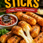 Crispy homemade Mozzarella Sticks with melted cheese pull, marinara dipping sauce, and fresh herbs in a restaurant-style presentation.
