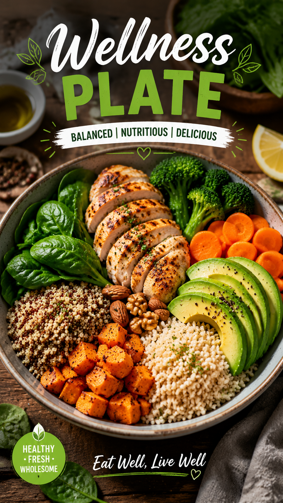 Healthy wellness plate featuring grilled chicken, brown rice, chickpeas, avocado, and fresh green salad in a balanced nutritious bowl
