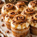 Freshly baked Cinnamon Roll Cupcakes topped with creamy cream cheese frosting, caramel drizzle, chopped pecans, and mini cinnamon rolls on a white cake stand.