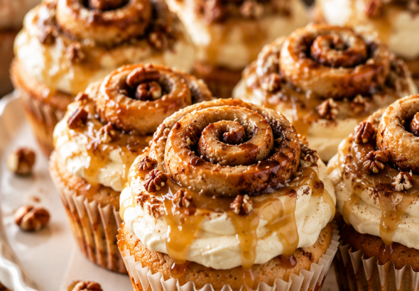 Freshly baked Cinnamon Roll Cupcakes topped with creamy cream cheese frosting, caramel drizzle, chopped pecans, and mini cinnamon rolls on a white cake stand.