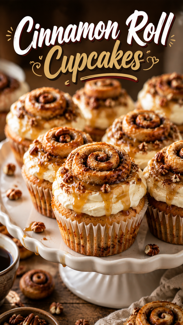 Freshly baked Cinnamon Roll Cupcakes topped with creamy cream cheese frosting, caramel drizzle, chopped pecans, and mini cinnamon rolls on a white cake stand.