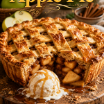 Classic Apple Pie with a golden flaky lattice crust served with vanilla ice cream and caramel drizzle on a rustic wooden board.