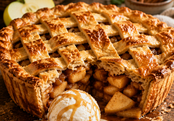 Classic Apple Pie with a golden flaky lattice crust served with vanilla ice cream and caramel drizzle on a rustic wooden board.