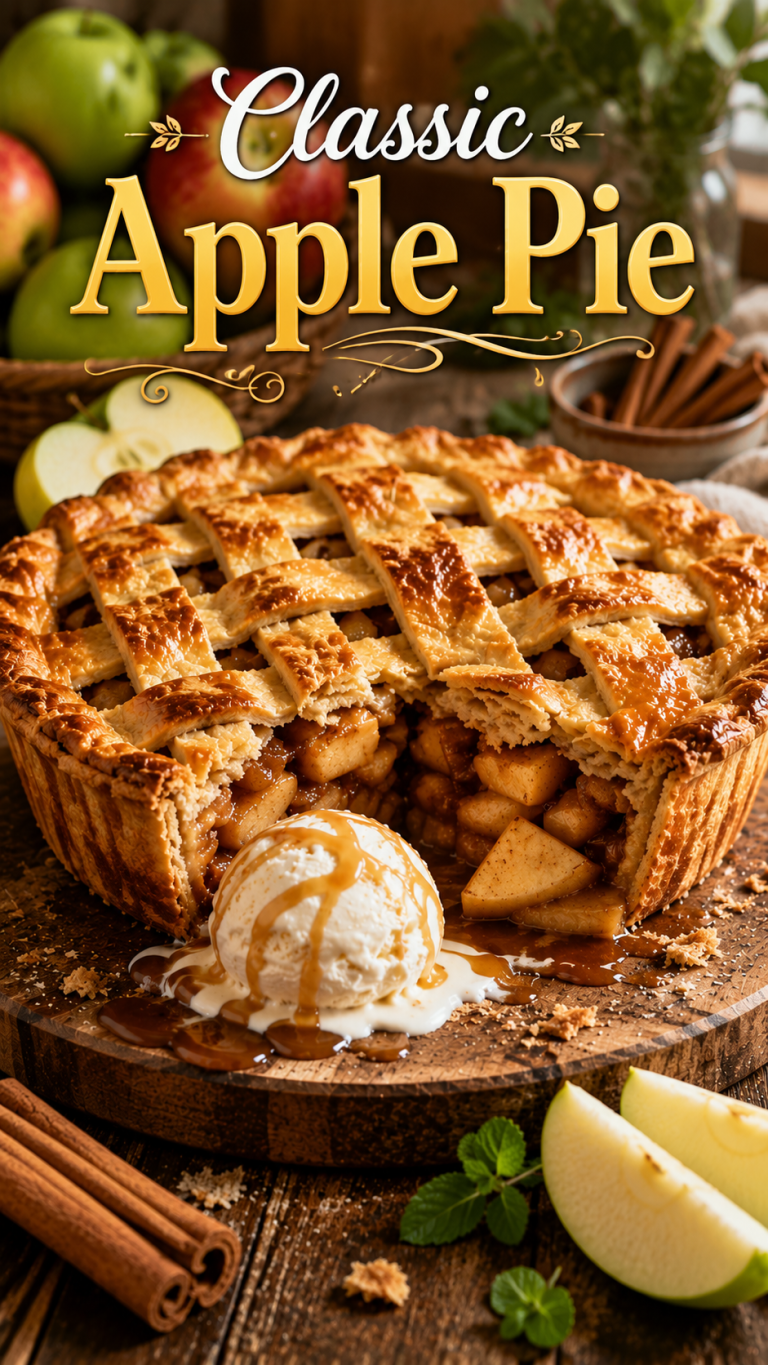 Classic Apple Pie with a golden flaky lattice crust served with vanilla ice cream and caramel drizzle on a rustic wooden board.