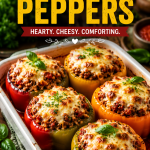 Classic Stuffed Peppers baked with seasoned ground beef, rice, tomato sauce, and melted mozzarella cheese in colorful bell peppers.