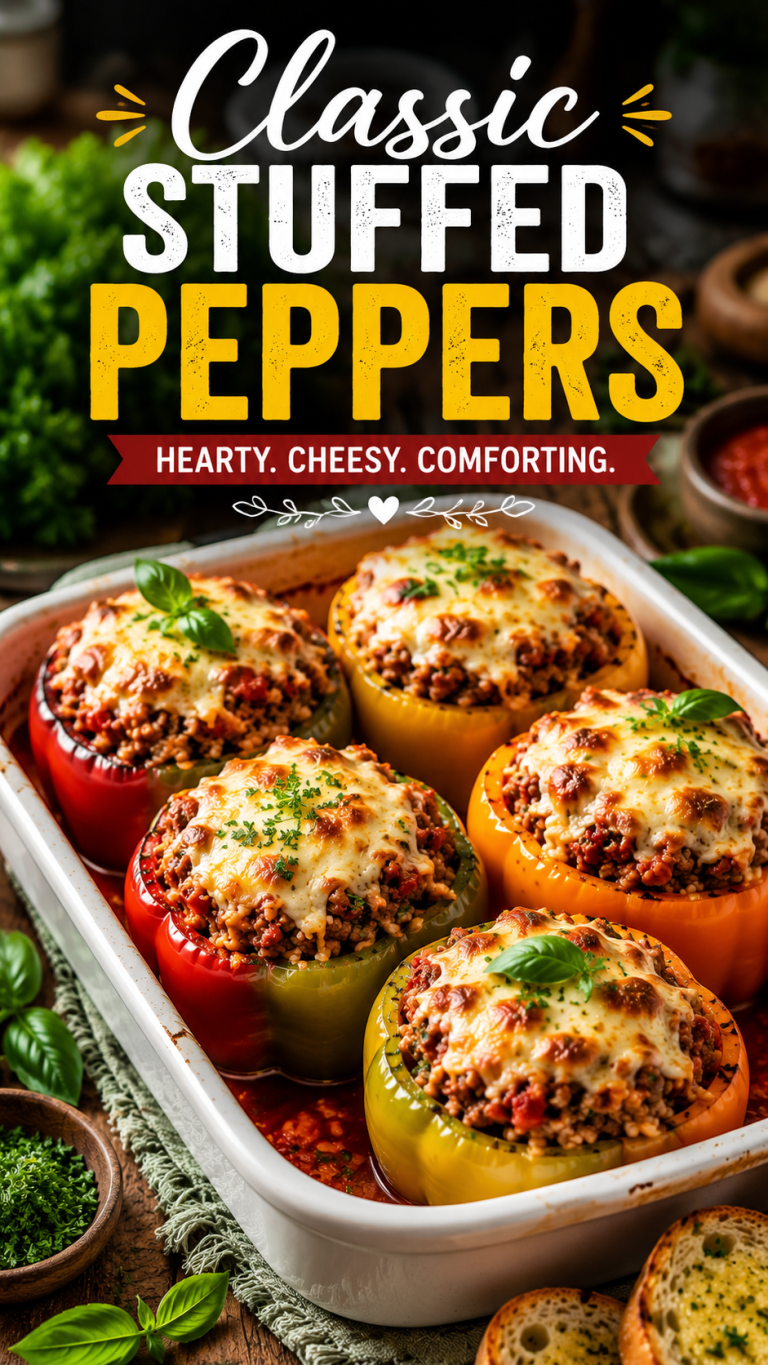 Classic Stuffed Peppers baked with seasoned ground beef, rice, tomato sauce, and melted mozzarella cheese in colorful bell peppers.