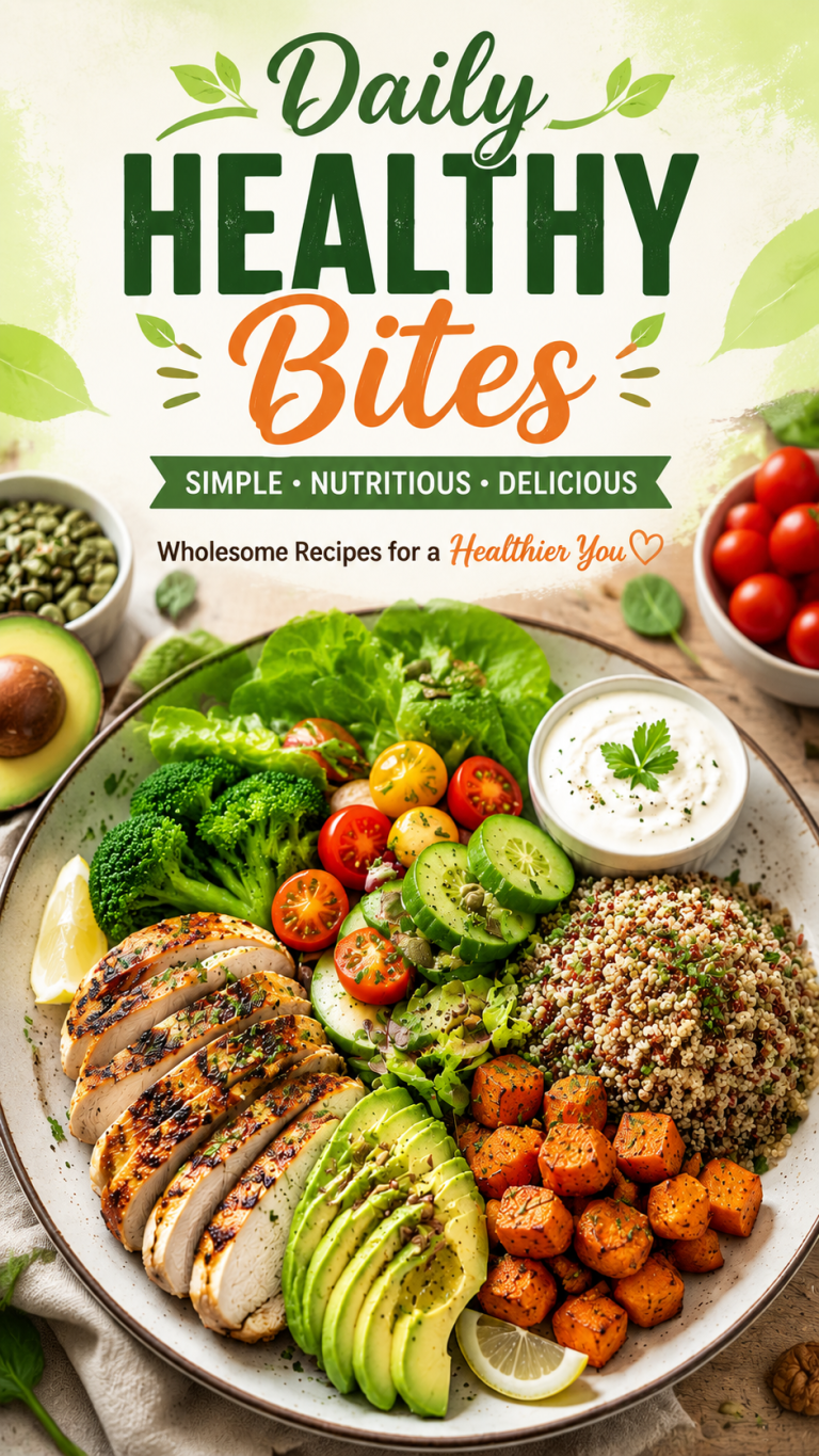 Daily Healthy Bites featured image with grilled chicken, quinoa, avocado, fresh vegetables, healthy meal bowl, and nutritious ingredients on a modern table.