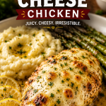 Golden Garlic Butter Cheese Chicken topped with melted mozzarella and Parmesan, served with creamy mashed potatoes, roasted asparagus, and lemon slices on a white plate.