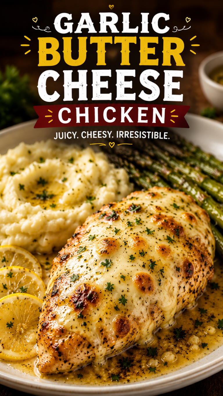 Golden Garlic Butter Cheese Chicken topped with melted mozzarella and Parmesan, served with creamy mashed potatoes, roasted asparagus, and lemon slices on a white plate.