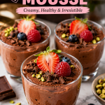 Creamy Greek Yogurt Chocolate Mousse served in three elegant glass dessert cups topped with fresh strawberries, raspberries, blueberries, chocolate shavings, and pistachios on a marble table.