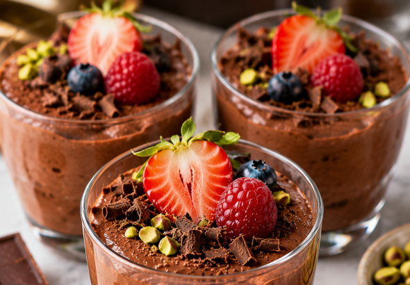 Creamy Greek Yogurt Chocolate Mousse served in three elegant glass dessert cups topped with fresh strawberries, raspberries, blueberries, chocolate shavings, and pistachios on a marble table.