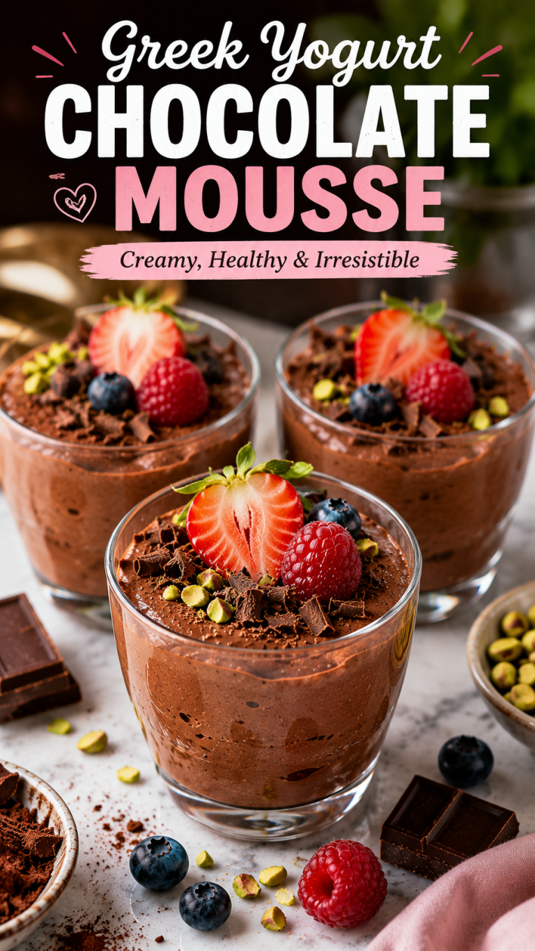 Creamy Greek Yogurt Chocolate Mousse served in three elegant glass dessert cups topped with fresh strawberries, raspberries, blueberries, chocolate shavings, and pistachios on a marble table.