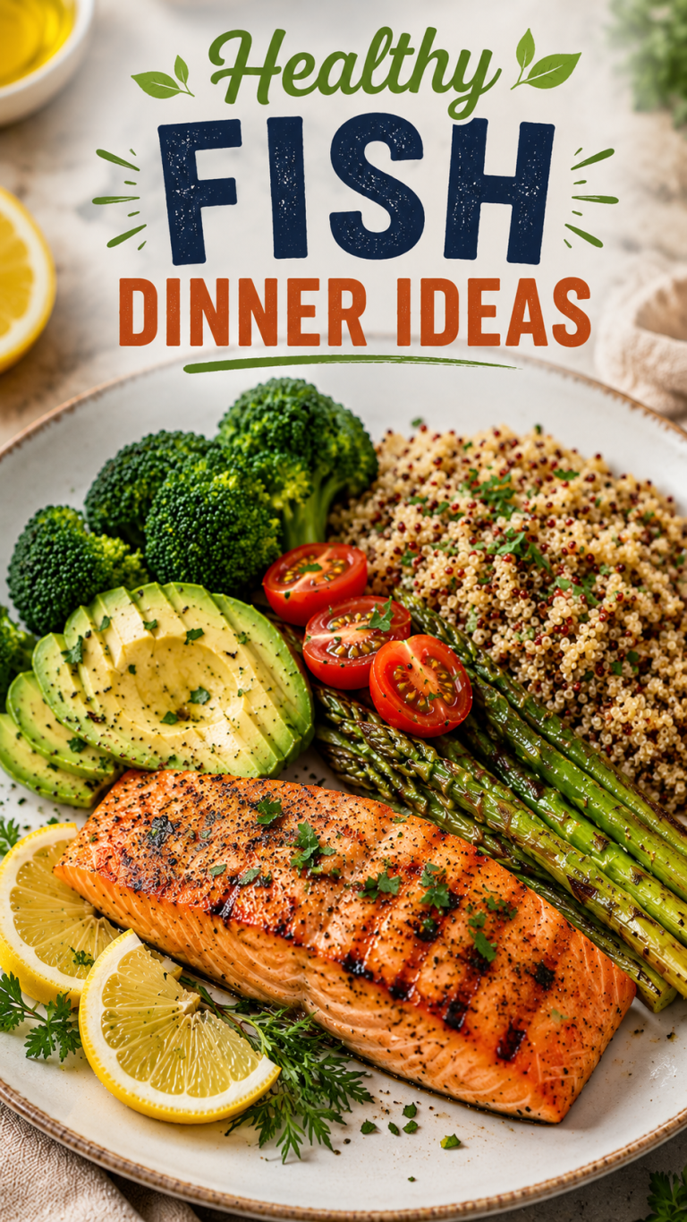 Healthy Fish Dinner Ideas featuring grilled lemon garlic salmon with quinoa, roasted asparagus, broccoli, avocado, and fresh vegetables on a white plate.