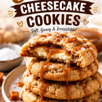 Freshly baked Salted Caramel Cheesecake Cookies stacked on a plate with gooey cheesecake filling, rich salted caramel drizzle, and flaky sea salt in a bakery-style presentation.