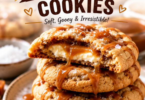 Freshly baked Salted Caramel Cheesecake Cookies stacked on a plate with gooey cheesecake filling, rich salted caramel drizzle, and flaky sea salt in a bakery-style presentation.