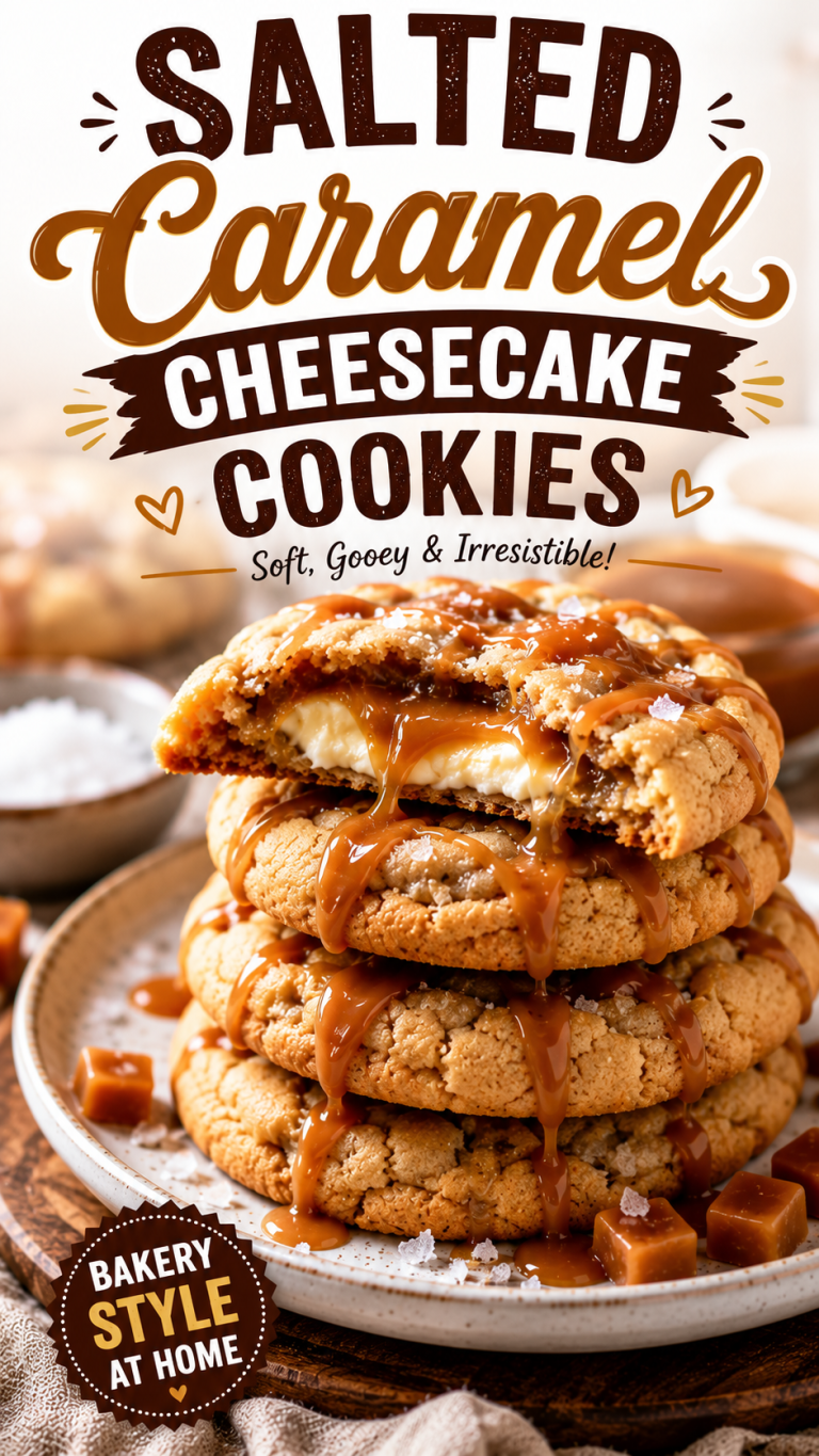 Freshly baked Salted Caramel Cheesecake Cookies stacked on a plate with gooey cheesecake filling, rich salted caramel drizzle, and flaky sea salt in a bakery-style presentation.