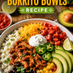 Slow Cooker Chicken Burrito Bowls Recipe served in a white bowl with shredded chicken, rice, black beans, corn, avocado, cheese, sour cream, and fresh cilantro