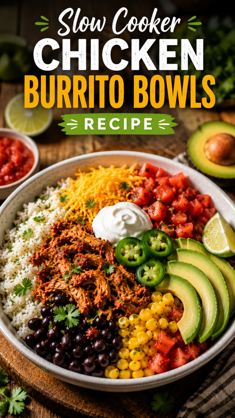 Slow Cooker Chicken Burrito Bowls Recipe served in a white bowl with shredded chicken, rice, black beans, corn, avocado, cheese, sour cream, and fresh cilantro