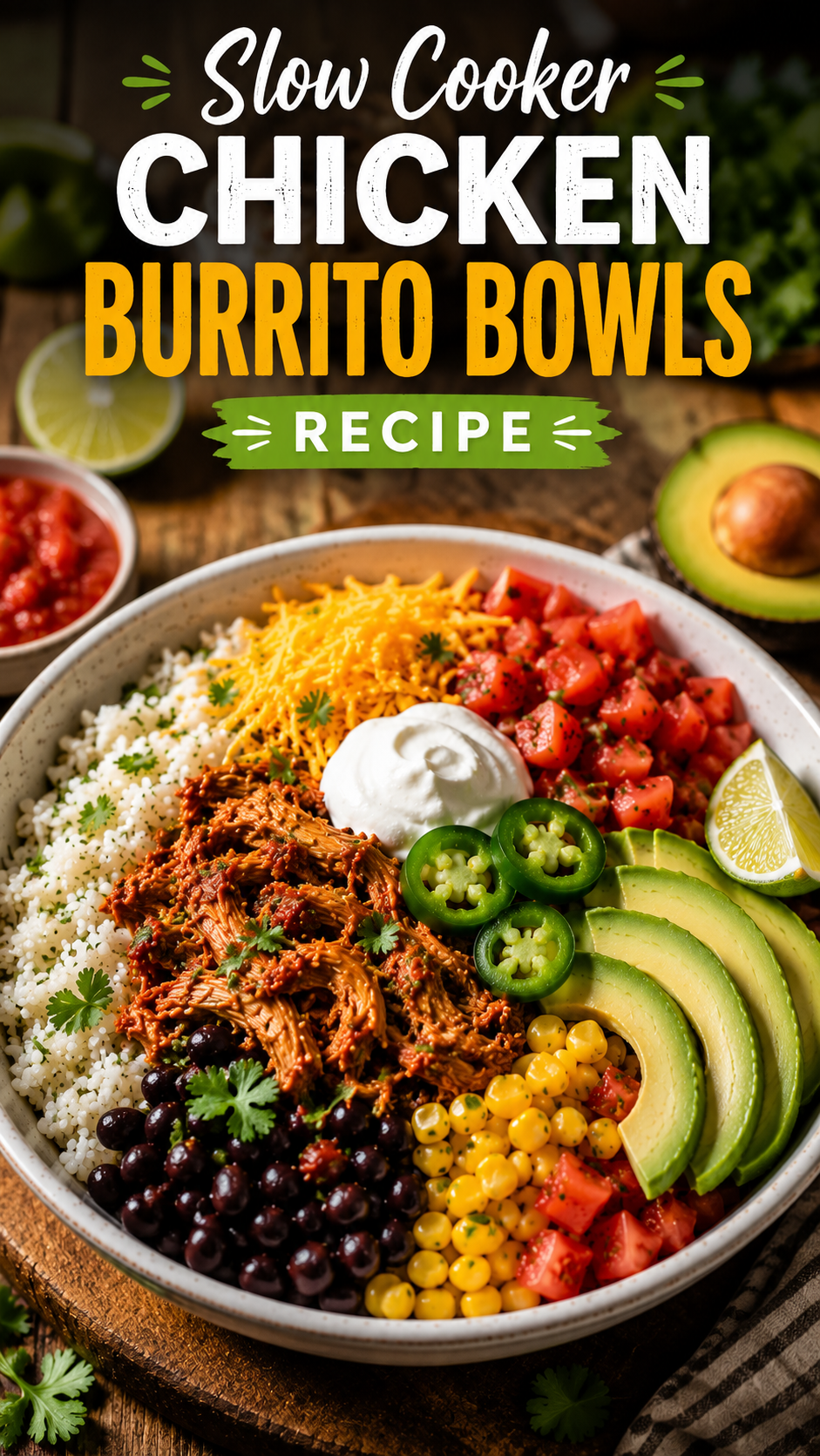 Slow Cooker Chicken Burrito Bowls Recipe served in a white bowl with shredded chicken, rice, black beans, corn, avocado, cheese, sour cream, and fresh cilantro